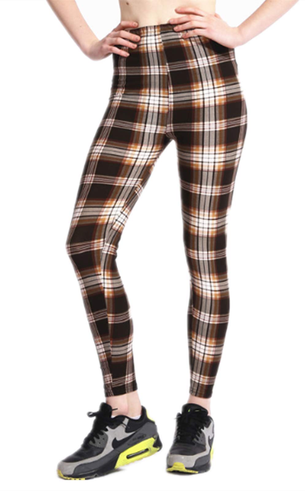 Fioeyr Women's Yellow Red Tartan Check Print Elacticated Full Length Long Stretchy Leggings