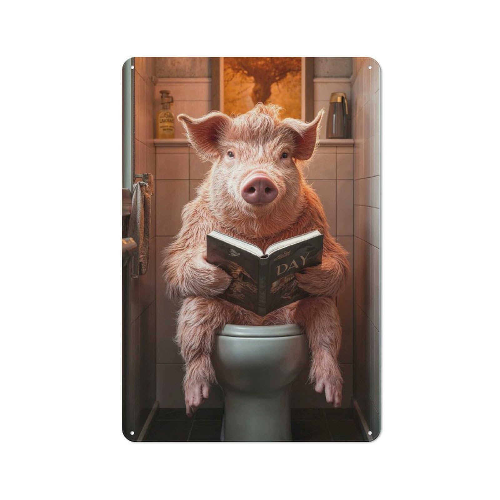 Junmoney Pig Reading On Toilet Metal Plaque 30X20cm With For Hallway Wall, Retro Decor, For Themed Interiors In Hallways And Entrance Areas