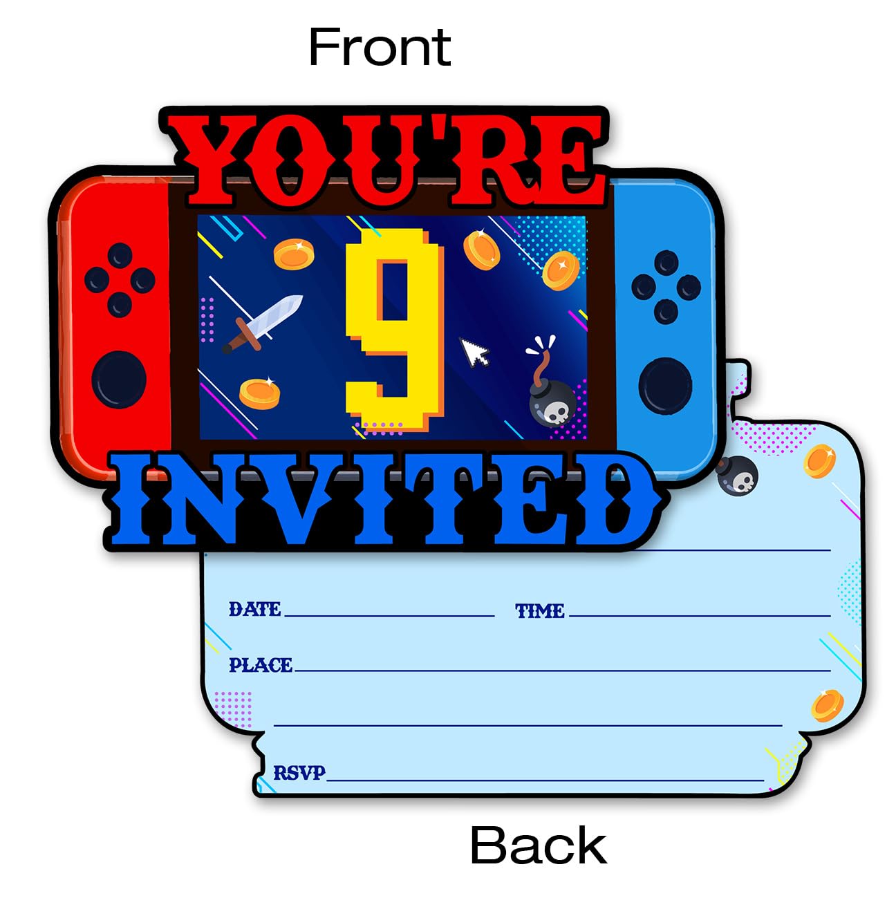QYCFDXD Video Game 9th Birthday Party Invitations Boy Video Game 9 Year Old Boys Birthday Party Shaped Invitations with Envelopes, 20 Pack, Double-Sided