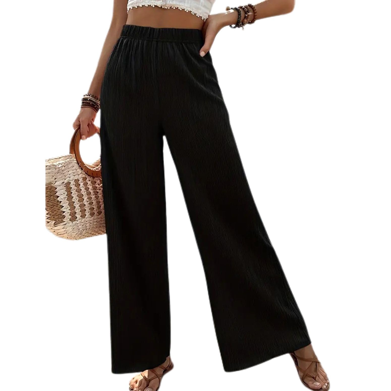Lus Chic Womens Casual Wide Leg Pants Flowy Trendy Long Beach Pull On Ankle Palazzo Elastic Light Casual