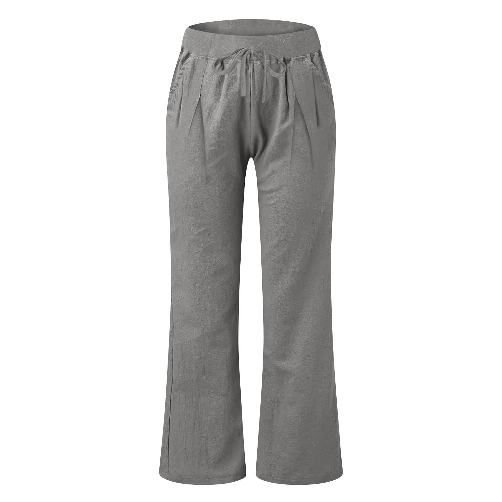 Pantalones de Lino Mujer Algodón Cintura Elástica Cordón Pierna Ancha Rectos Cómodos Transpirables Playa