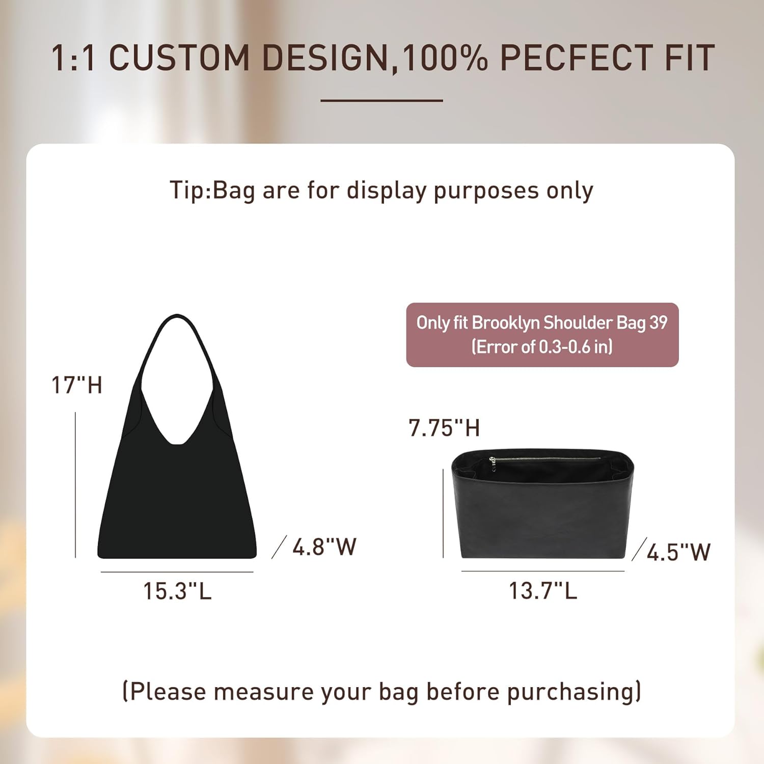 Doxo Purse Organizer Insert for Coach Brooklyn 39 | 9 Pockets with YKK Side Zipper & Elastic Water Bottle Holder | Waterproof Tyvek Bag Organizer for Coach Brooklyn Tote/Shoulder Bag(39, Black)