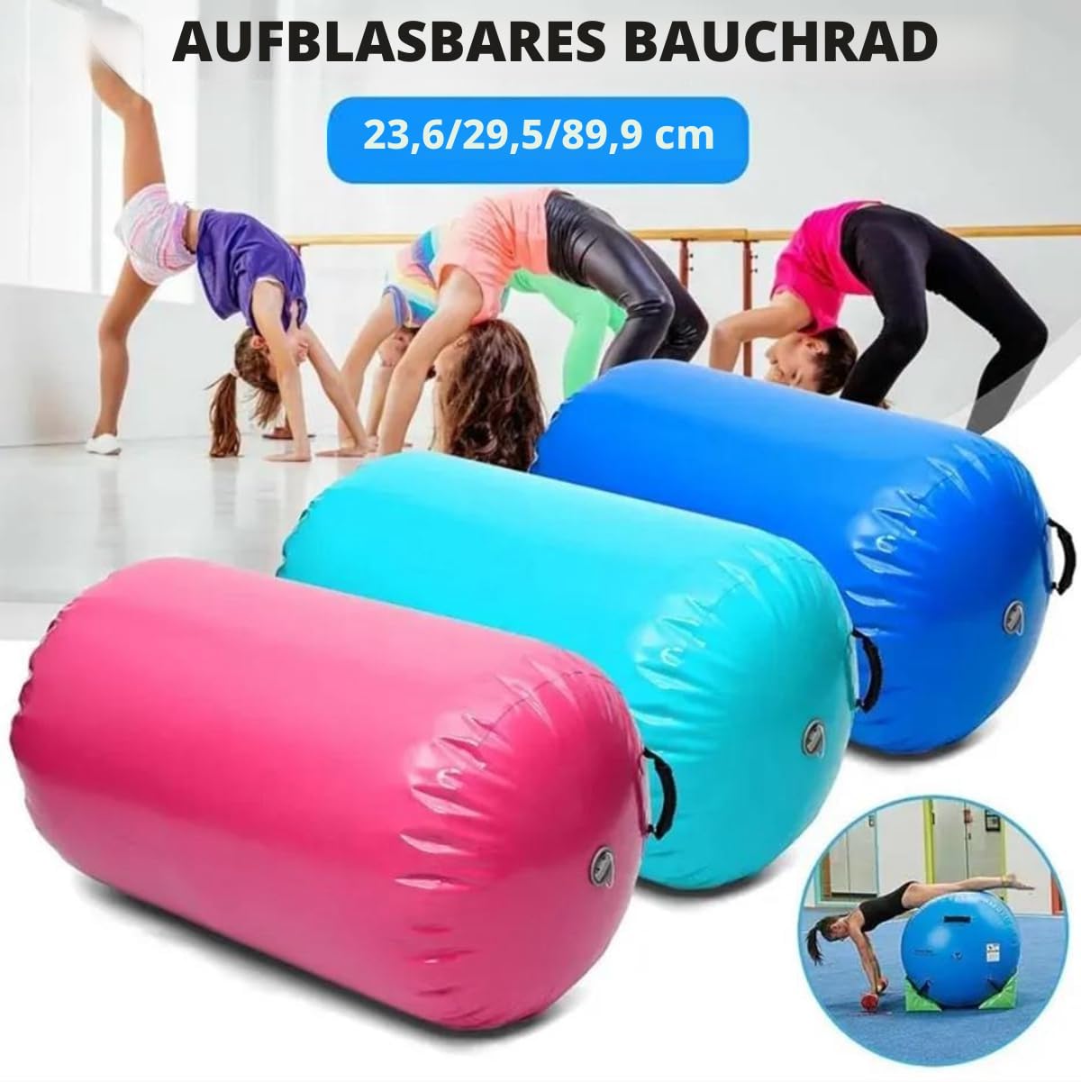 Air Rolle Turnen GymnastikMatte 60 75 90 CM Aufblasbare Air Barrel Gymnastik Tumbling Matte mit Pumpe für Handfeder Hinten Training/Heimgebrauch/Yoga/Fitness…