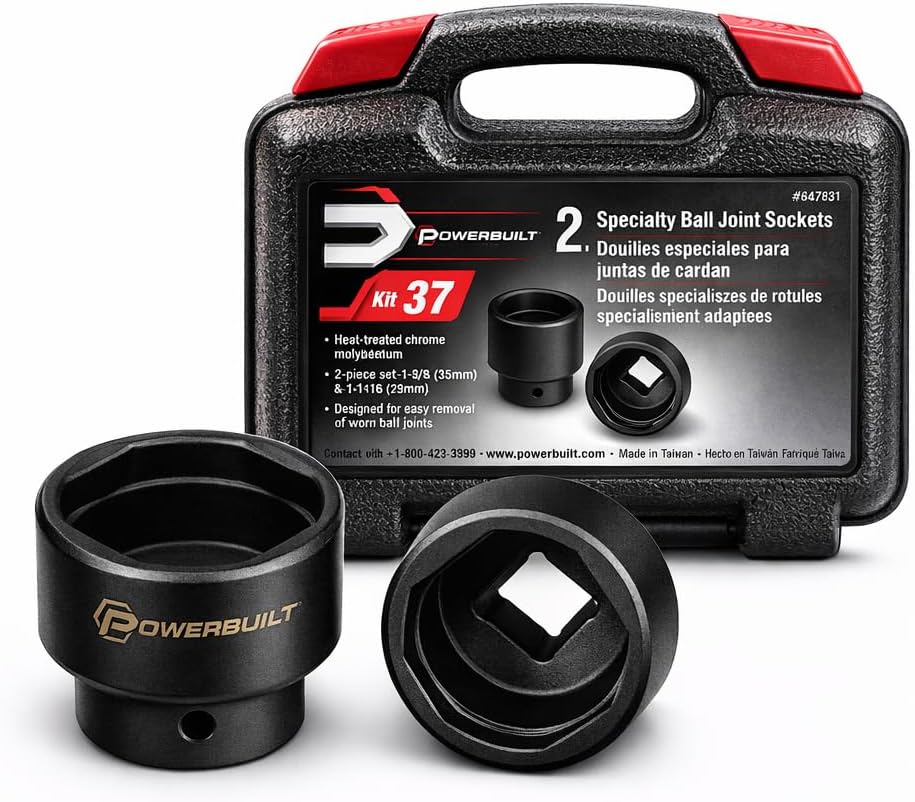 Powerbuilt 2 Piece Specialty Ball Joint Socket Set, Removes and Installs Chrysler Upper Ball Joints, 3/4" Drive 4-Sided Design with Storage Case - 648749