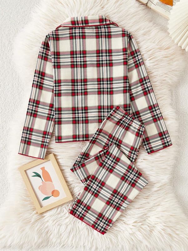 PABROS Girl's Cotton Lycra Pajama Set, Button-Down Long Sleeve Top with Pants, Checkered Pattern, Summer Loungewear Sleepwear Cream 3