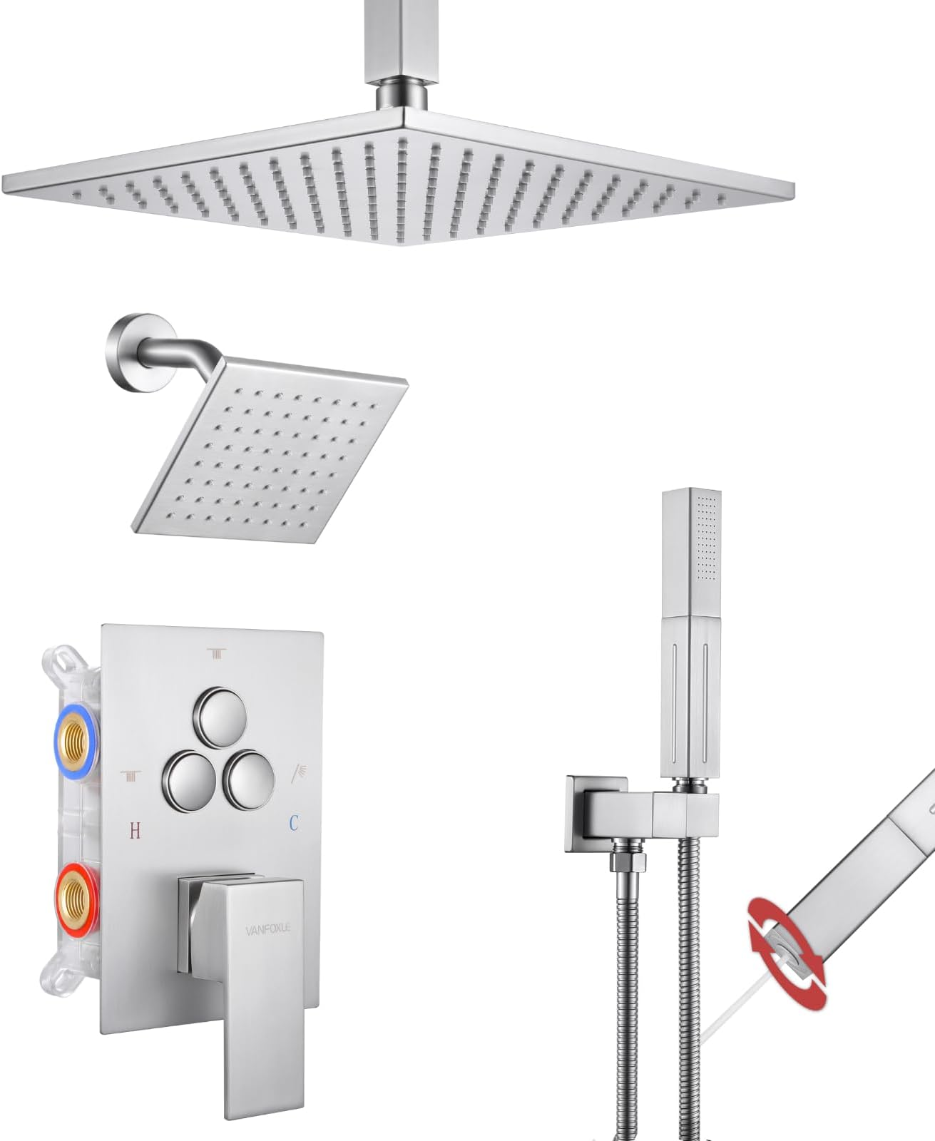 VANFOXLE Shower Faucet Set Brushed Nickel Shower System, Push Button Diverter Shower Faucet with Trim Kit, Ceiling Mount 10 Inch Shower Head Increased Thick, 6 Inch Side Shower Head, 2-in-1 Handheld