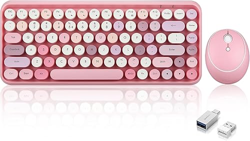 Perixx PERIDUO-713 - Mini teclado inalámbrico y mouse, tapas redondas retro, rosa pastel, diseño en inglés de EE. UU