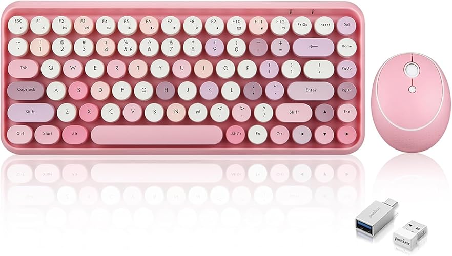 Perixx PERIDUO-713 Wireless Mini Keyboard and Mouse Combo, Retro Round Key Caps, Pastel Pink, US English Layout - Pink