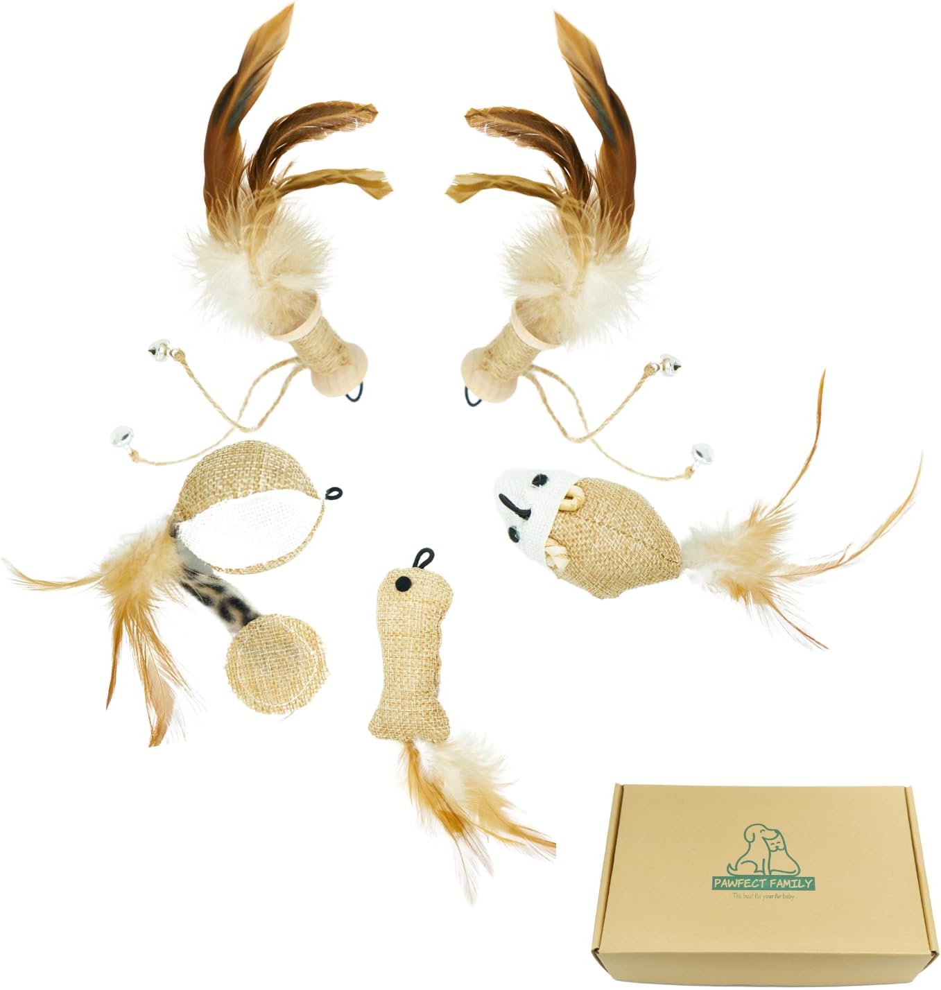 Pawfect Family® Natural Cat Toy Set 5 Sisal Toys with Feather