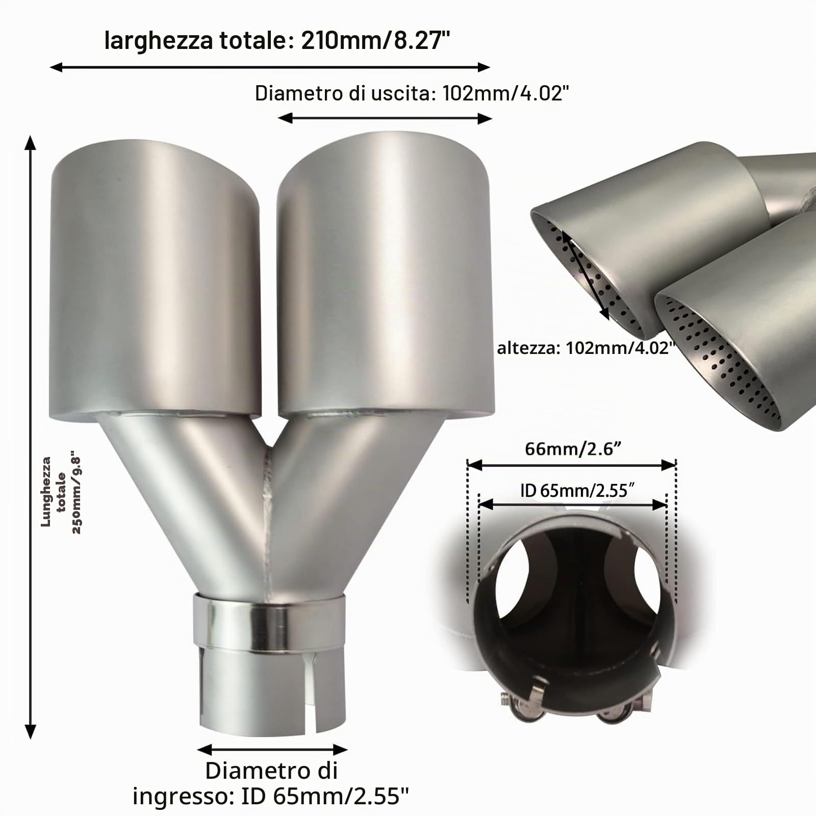 ingresso 2,5" uscita 3,5" Terminali di scarico in acciaio inox e gelo da 63 mm, con fori Auto End Silenziatore