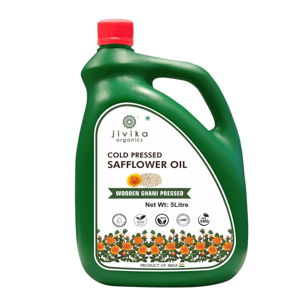 Jivika Wood Pressed Safflower Oil 5 litre | Kolhu/Chekku | Extracted on Wooden Churner | Natural | Chemical-Free | Cold Pressed Safflower Oil for Cooking