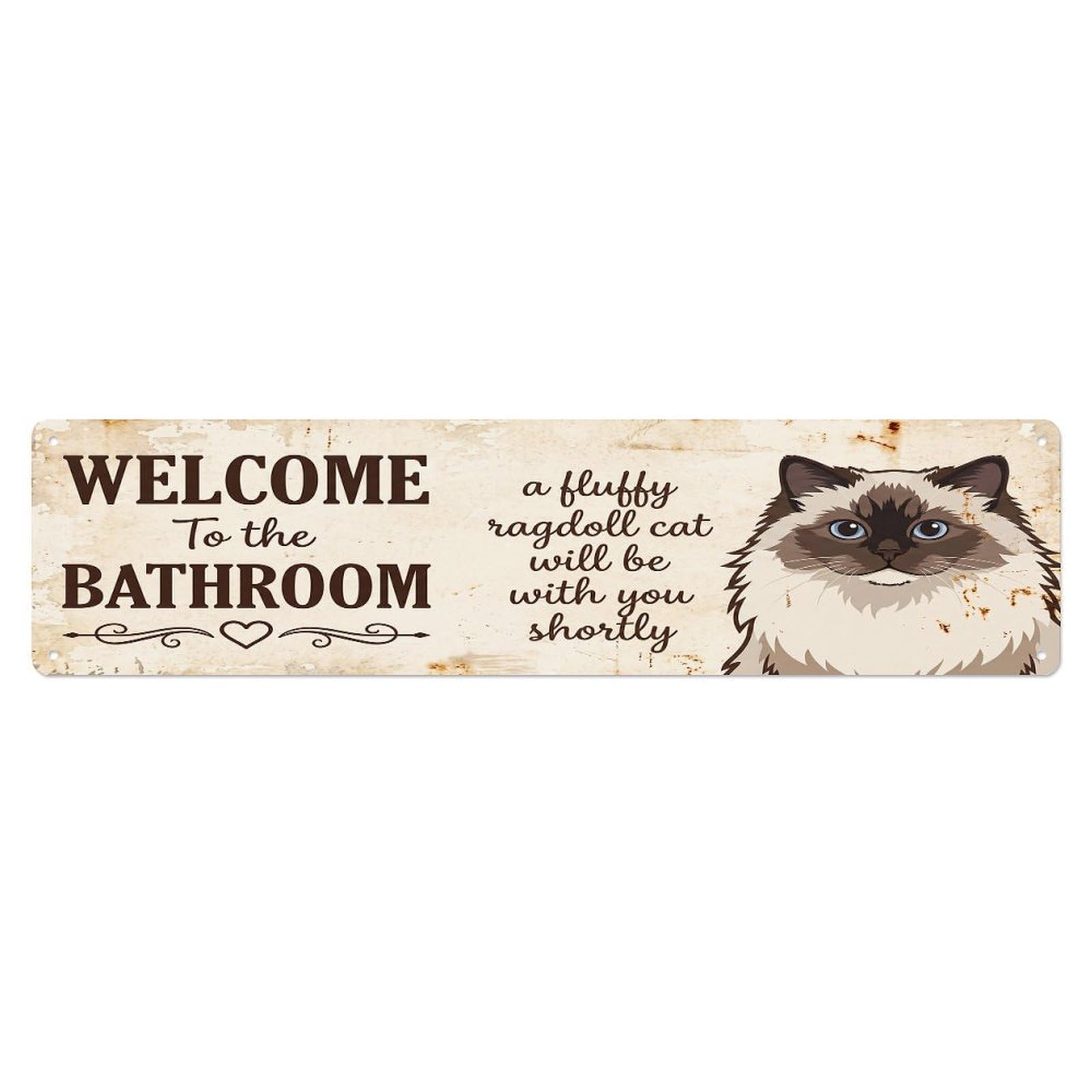 Vintage WELCOME To The BATHROOM Fluffy Ragdoll Cat Metal Tin Sign