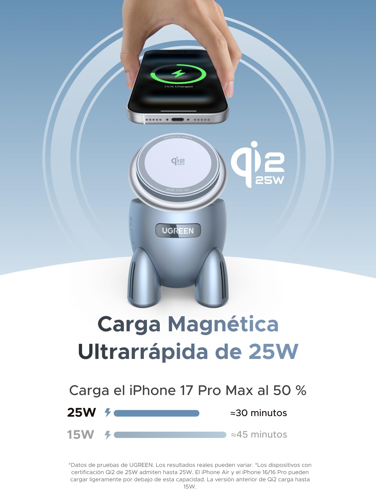 UGREEN MagFlow Qi2 25W Cargador Inalámbrico 2 en 1 con Forma de Cohete