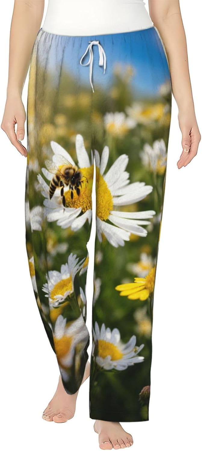Spring Daisy Flowers Print Cozy Flannel Pajama Pants For Women,Warm Christmas Pj Pants,Cute Fleece Pajamas
