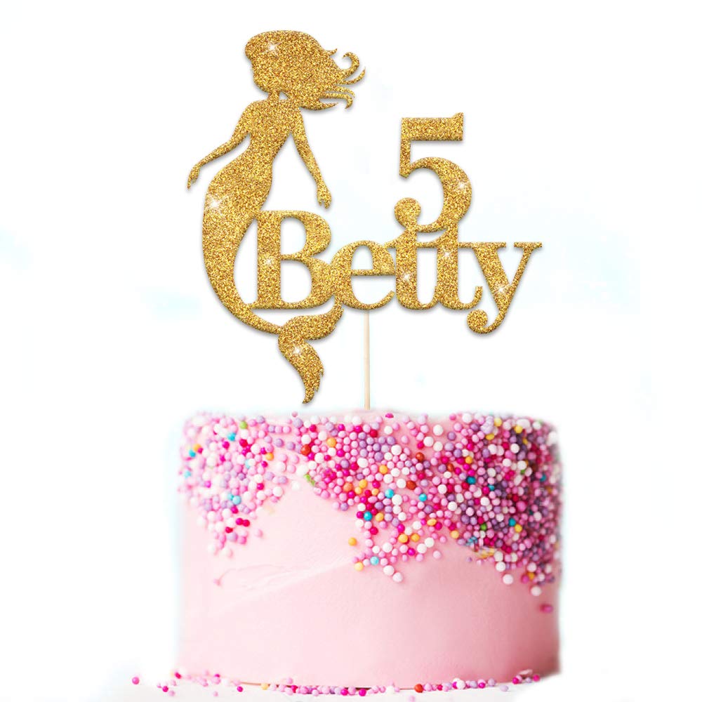 PERSONALISED Girls Birthday Cake Topper - Personalise with ANY NAME and ANY AGE - Made from Non-shed Double Sided Glitter Mermaid Cake Decoration(Gold) — image 1