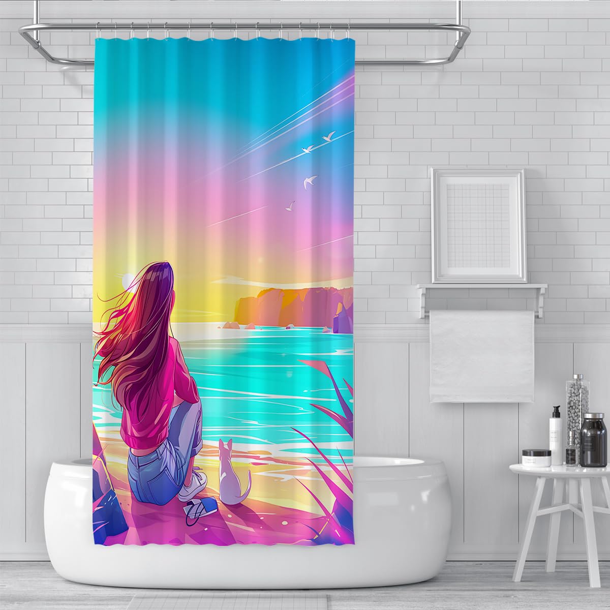 Dreamy Zasłony prysznicowe W200 x szer. 200 cm Odporna na pleśń tkanina poliestrowa Sunset Beach Pink Sea odporna na pleśń szybkoschnąca Rustproof Villette do kamperów