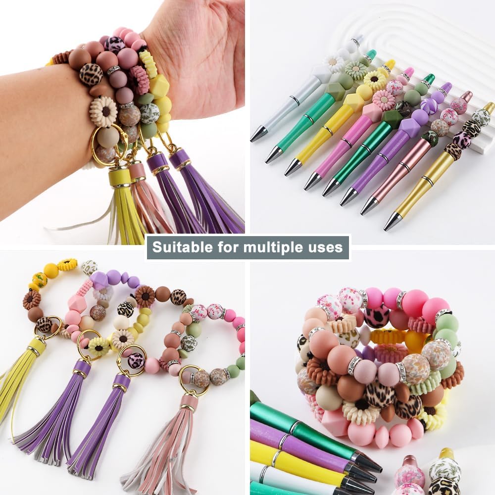 Sunrony 136Pcs Pink Purple Yellow Hexagon Lentil Print 12mm 14mm 15mm Silicone Beads for Keychain Making, 10mm Rhinestone Spacer Daisy Sunflower Silicone Focal Beads for Pens Crafts - Image 4