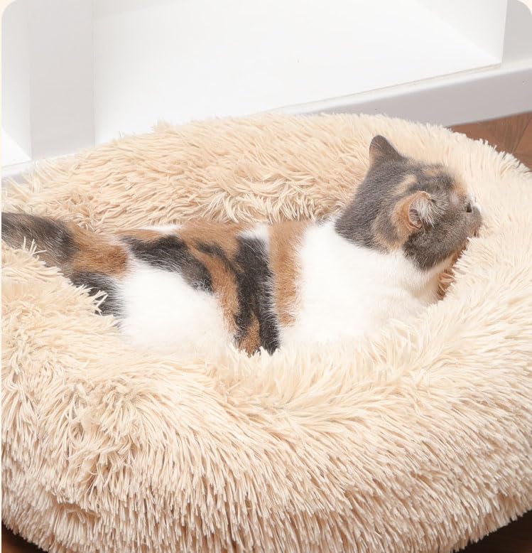 سرير قطيفة للكلاب والقطط من هوكور، سرير دائري 60 سم، وسادة حيوانات أليفة طويلة من الفرو الصناعي مع قاعدة مضادة للانزلاق للكلاب الصغيرة والمتوسطة والقطط، بساط نوم مريح لبيت الكلب (رمادي)