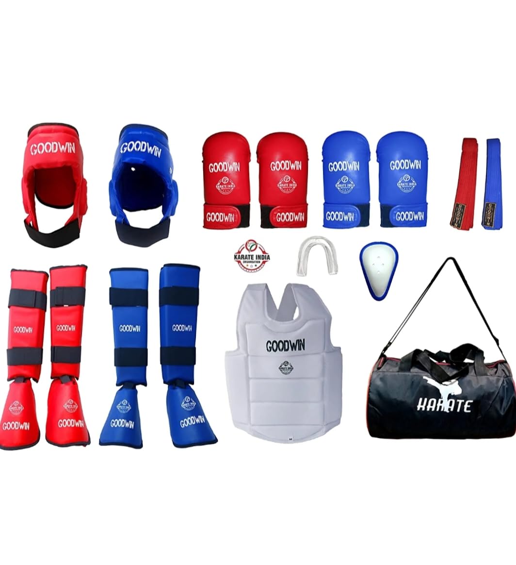 Kai Approved Goodwin Karate Safety Kit - Pack of - Head Guard, Chest Guard, Shin Guard, Hand Gloves, Belts and Skipping Rope (Red and Blue, Medium)-image-39