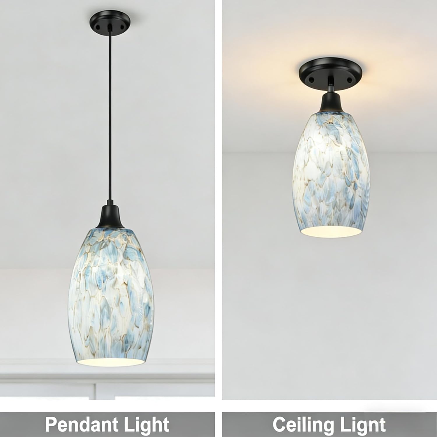 Glass Pendant Light Shade 7.64"H, Blue Oval Lamp Cover Replacement for Kitchen Island, Modern Globe Light Cover, Decorative Glass Ceiling Chandelier Shades, Hanging Pendant Lamp Shade Only, 3 Pack