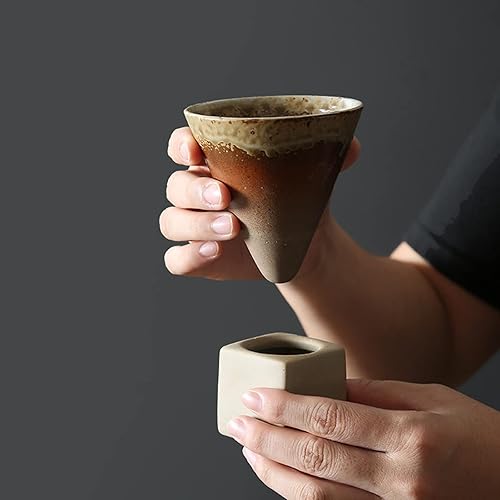 Miniatura 6 de Tazas de café de cerámica gruesa, tazas de té de cerámica de estilo japonés, taza retro de porcelana con forma de cono triangular con base cuadrada,