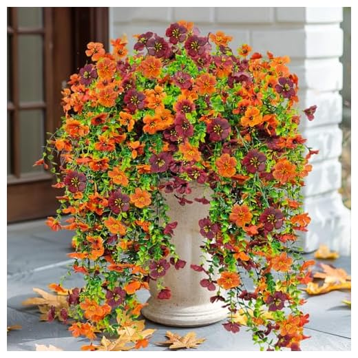 YILIUFA Artificial Mums Fake Hanging Flowers for Outdoor Decoration, 4 PCS Faux Fall Hanging Plant UV Resistant Silk Daisy Flower for Autumn Home Patio Balcony Yard Decor (Orange Brown)