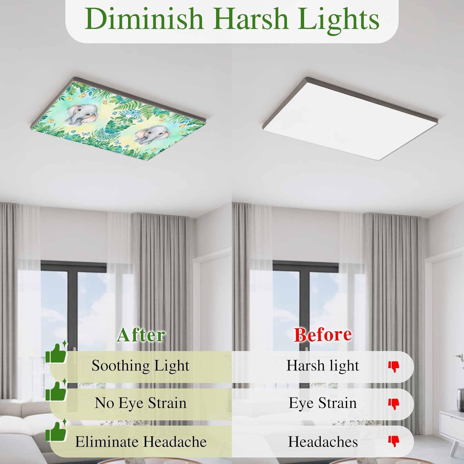 Cartoon Elephant Fluorescent Light Covers for Ceiling Lights 4x2 feet,4 Pack Magnetic Light Filters for Classroom,Summer Butterfly Fern Tropical Palm Plants Fluorescent Lamp Shade Panel for Office