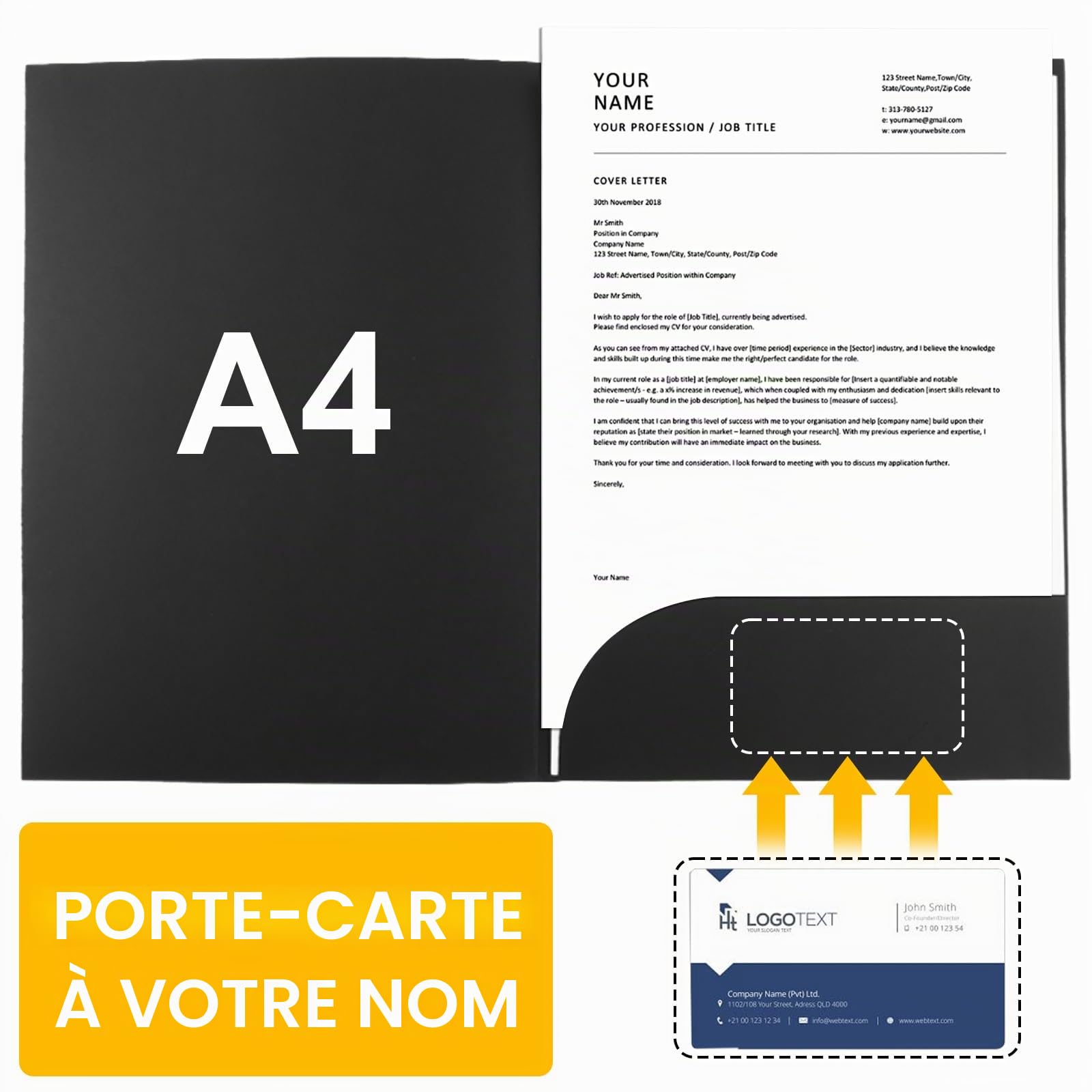 APACALI 20PCS Chemise Cartonnée A4, Chemise Papier Noir avec Fentes, A4 Papier Kraft Dossier de Fichiers, Dossier de Fichiers à Insertion avec Pochettes, pour le Bureau, l'école, la Maison