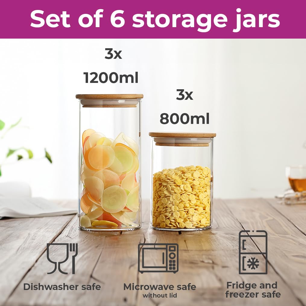 Neo Lot de 6 bocaux de rangement transparents en verre borosilicate avec couvercle hermétique en bambou pour cuisine, garde-manger, conteneur alimentaire
