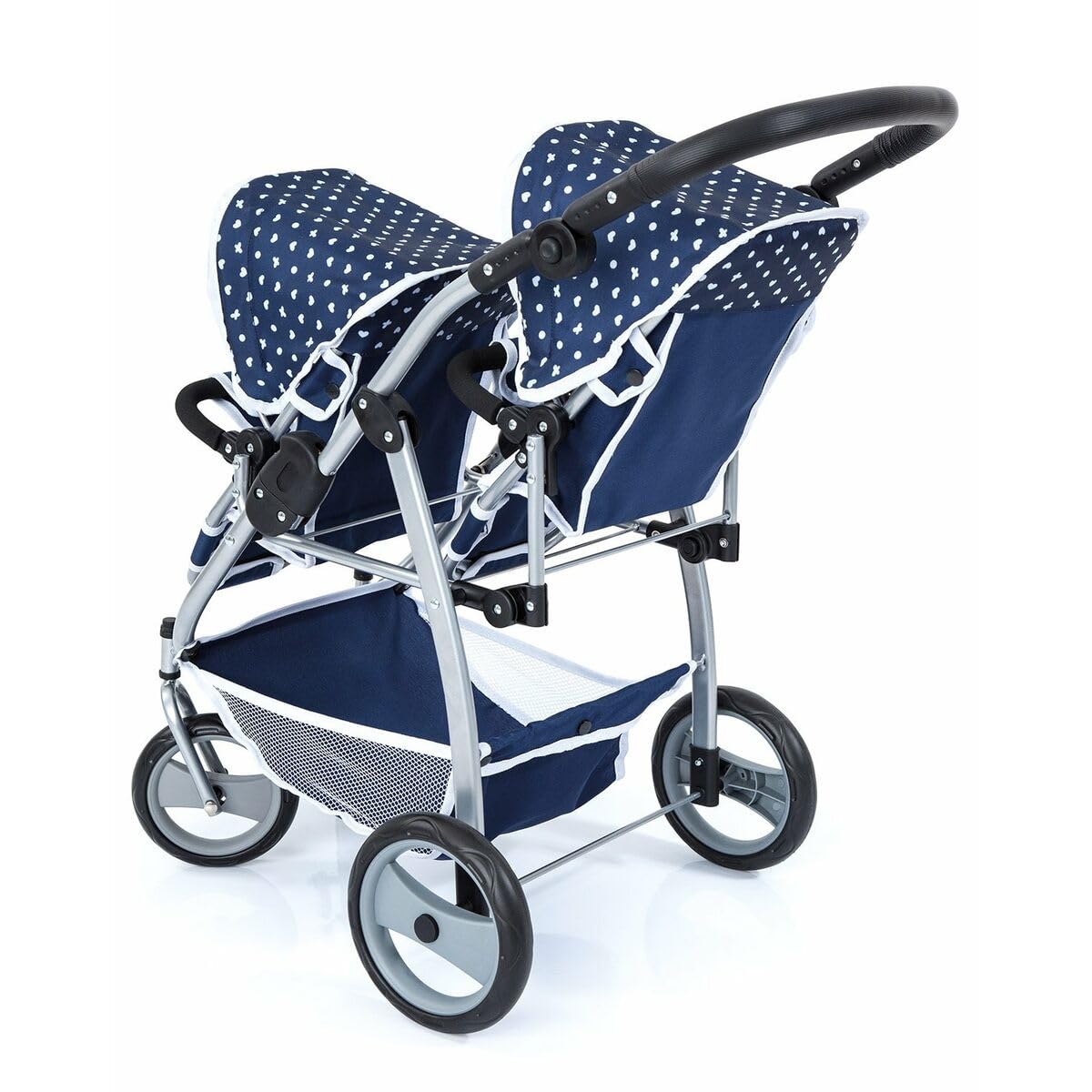 Bayer Design 26551AA Cochecito de Gemelos, Carrito Doble para muñecas, Ajustable, Ruedas Delanteras giratorias, Azul
