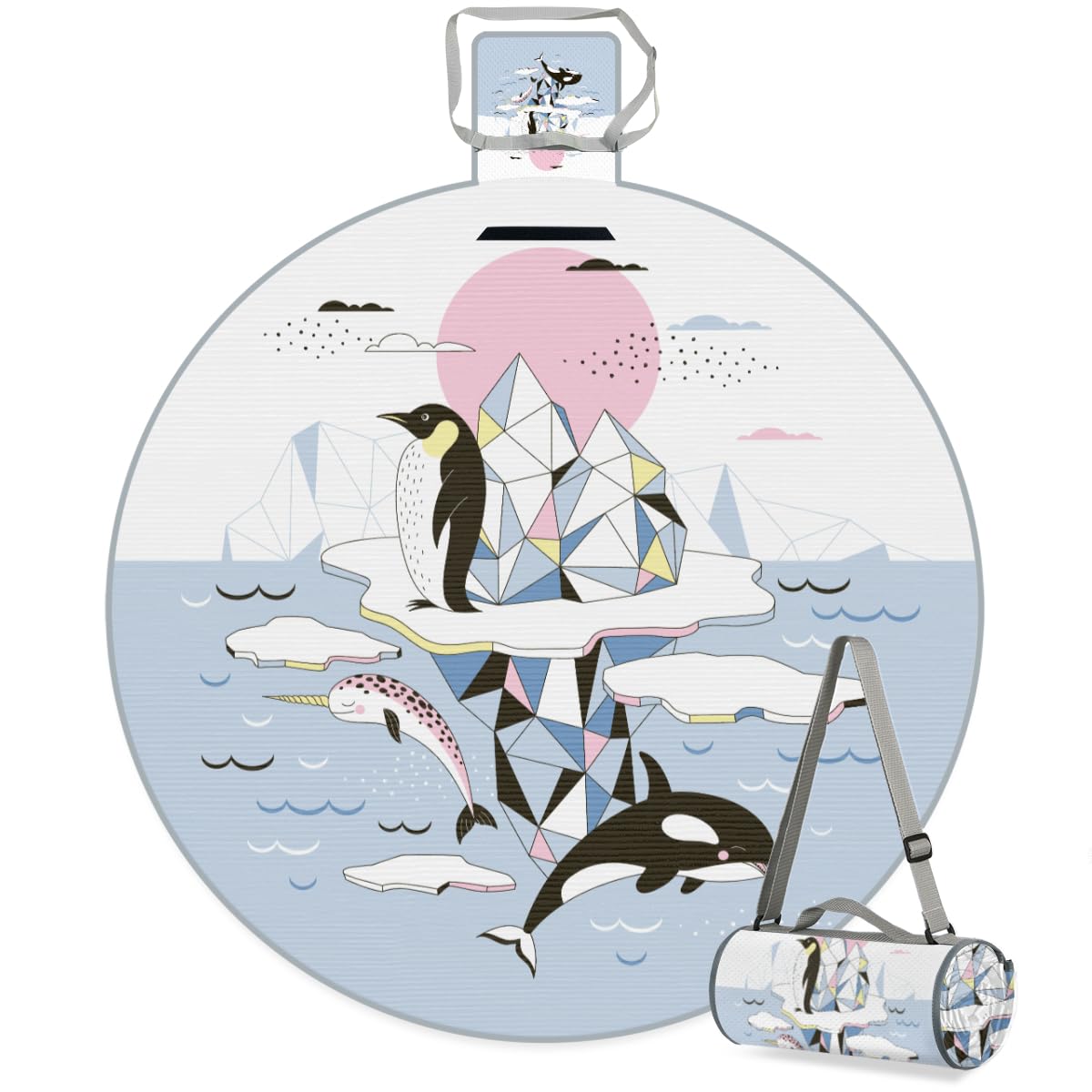 Shimoshe Dolphin Penguin Picnic Outdoor Blanket Foldable Waterproof Sandproof Beach Blanket Portable Water-Resistant Round Picnic Mat for Travel Camping Park Lawn