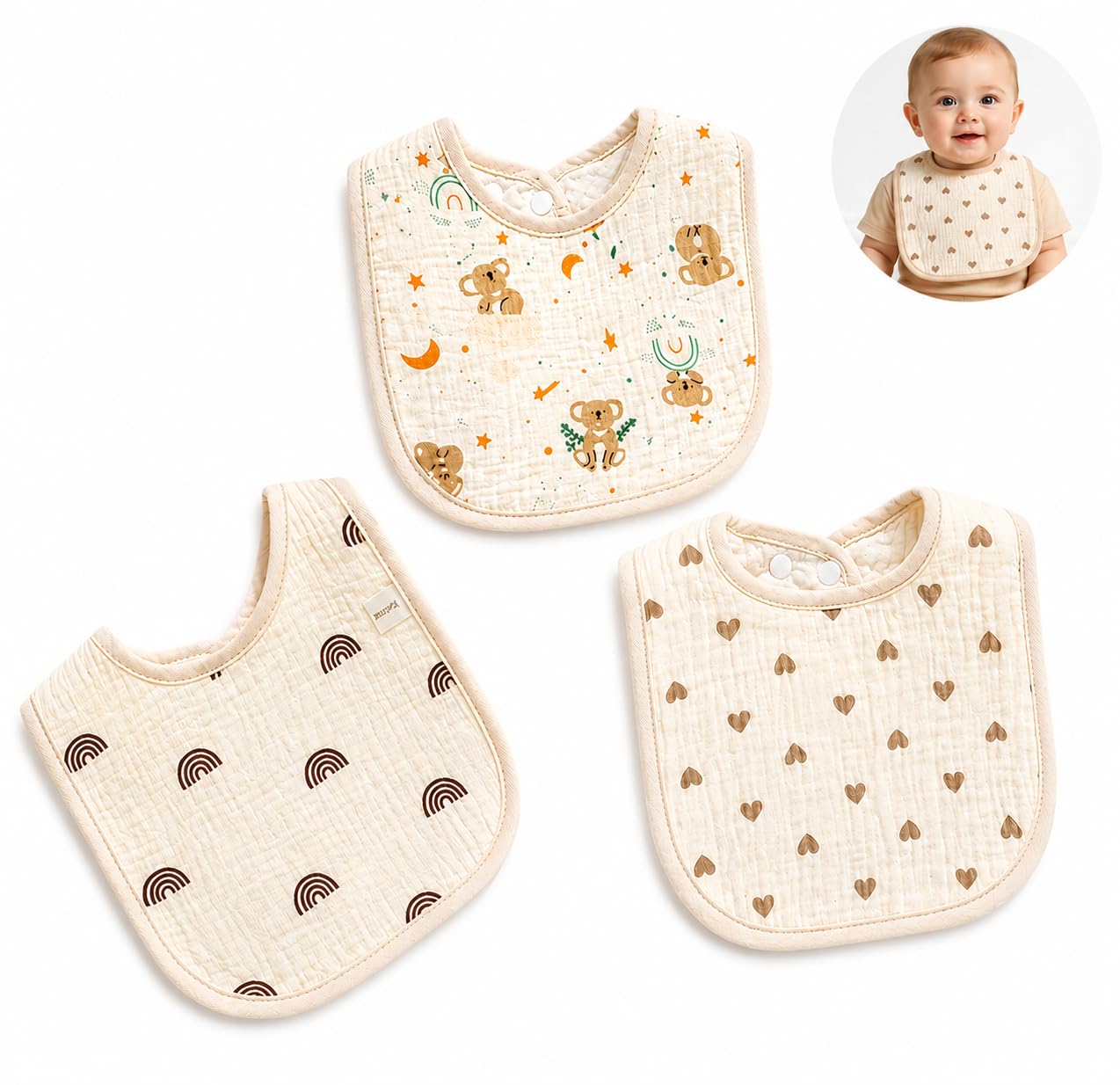 Muslin Cotton Baby Bibs Pack of 3 for 0–24 Months | Soft Absorbent Feeding & Drooling Bibs with Adjustable Snap Buttons and Water Resistant Inner Layer, Soft Washable Feeding Napkin-image-6