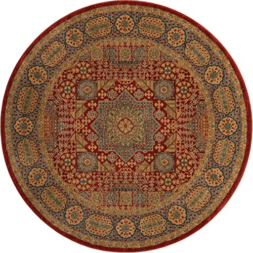 Rugs.com Amina Collection Rug – 6' Round Red Flatweave Rug Perfect for Kitchens, Dining Rooms