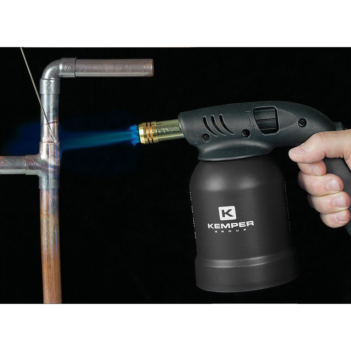 KEMPER - Lampe à Souder Gaz Black Edition 360° Anti-Retour de Flamme – Allumage Piezo – Buse Inox – Chalumeau Portable Dégrippage Soudage Crème Brûlée + 4 Cartouches