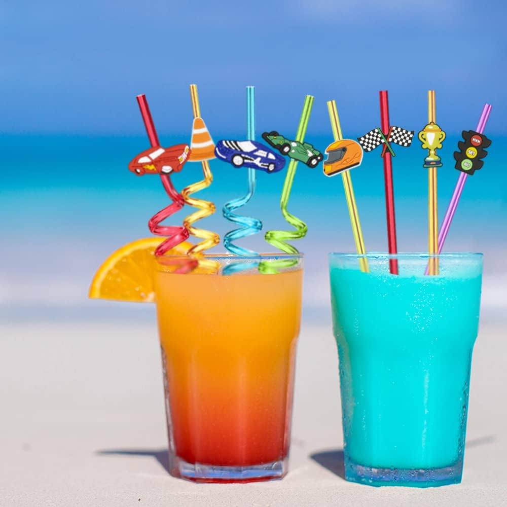 24pcs Racing Car Crazy Straws, Race Car Party Favors, 2 Brushes