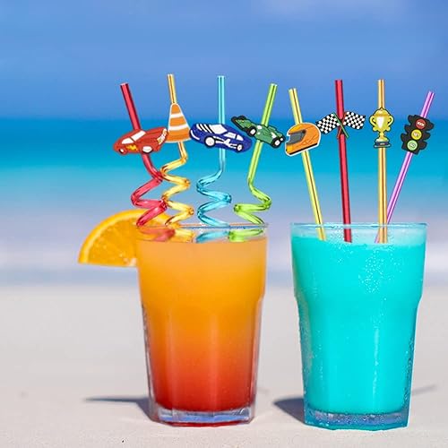 Miniatura 7 de Paquete de 24 popotes reutilizables para autos de carreras, regalos de fiesta para niños, cumpleaños, rally rápido, suministros de fiesta de