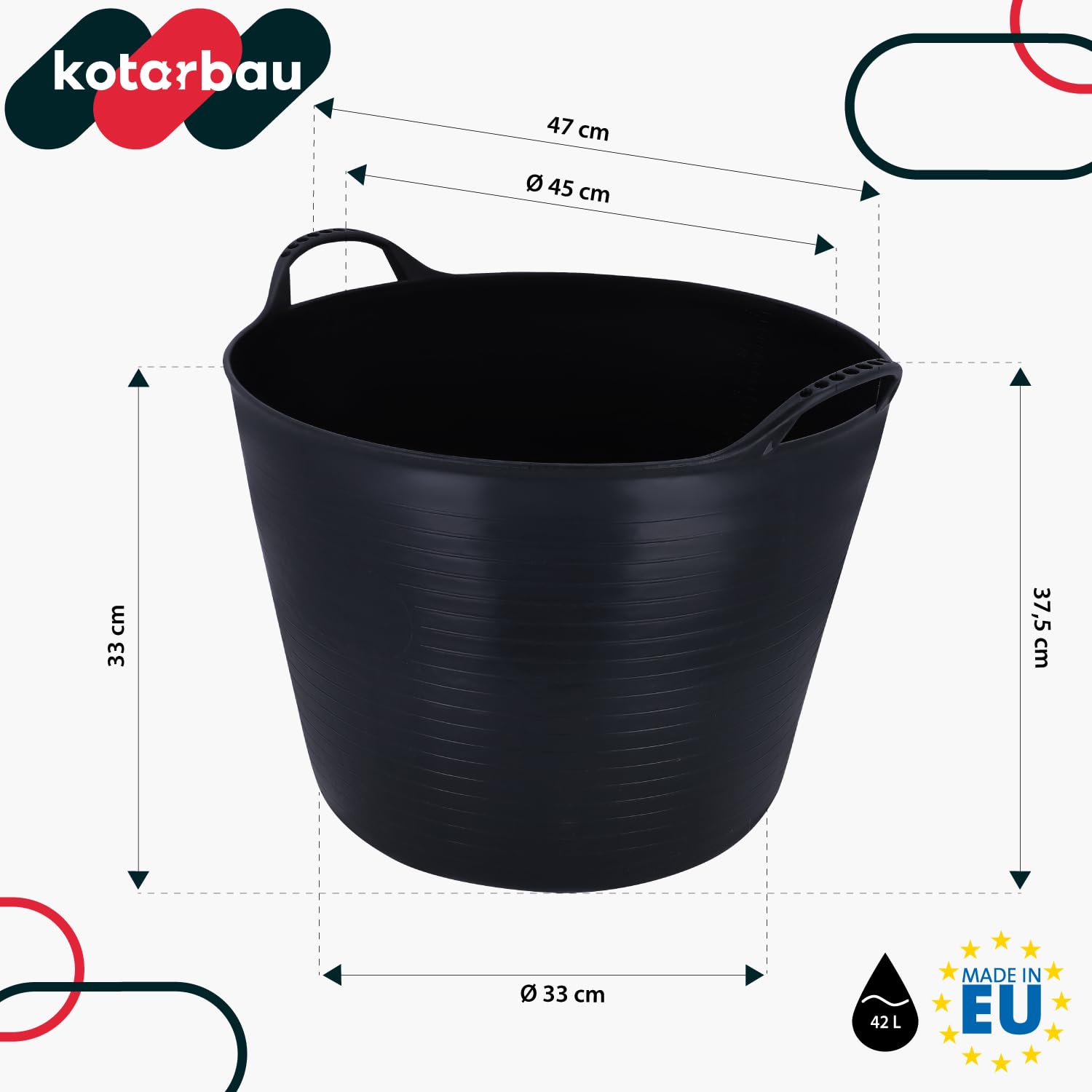 KOTARBAU® Elastischer Gummitrog Schwarz mit Tragegriffen Universal Flexibler Gartenkorb 42L