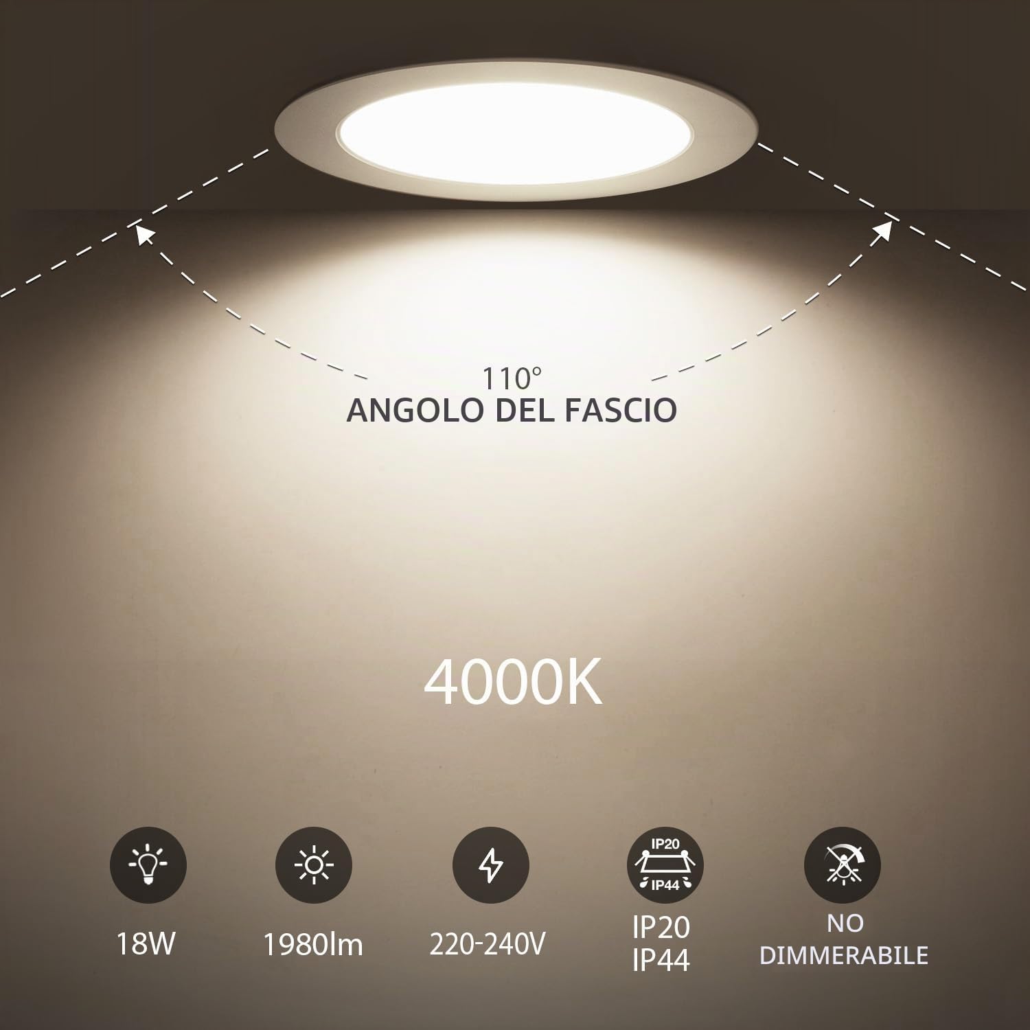 LVWIT Faretti LED da Incasso per Cartongesso, Faretti da Incasso 18W, Faretto a LED da Incasso, 1980 Lumen, Luce Naturale 4000K, Faretto LED Soffitto per Soggiorno, Diametro Foro Ø145-155mm, Set di 6