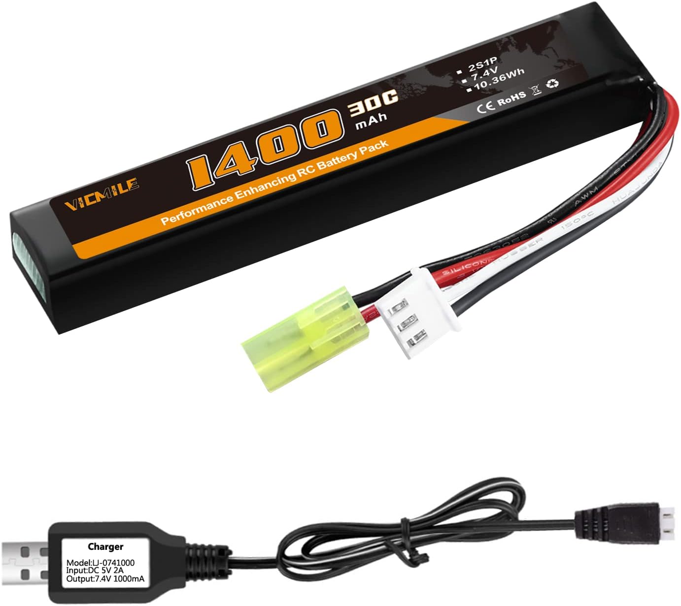 VICMILE Airsoft Battery 7.4V 1400mAh Lipo Battery with Tamiya Plug 30C