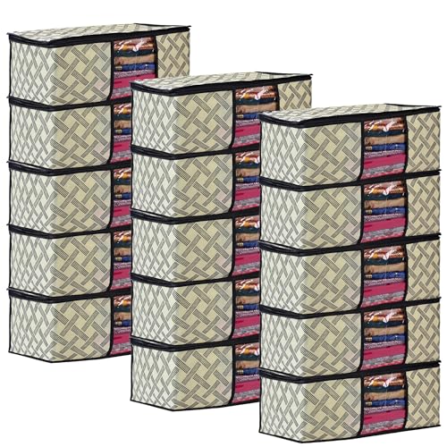 Image of Non-Woven Saree Covers with Zipper and Transparent Window - Clothes Storage Bag for Wardrobe Organization (Yellow Black, PACK OF 15)