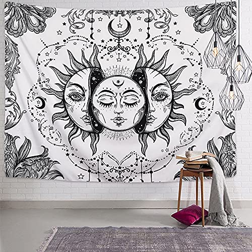 Soleil et Lune Tenture Murale Psychedelique Tapisserie, Drap Mural Mandala Wall Tapestry Aesthetic Tarot Psychedelic Tapis Mural Tissu Art Decoration pour Chambre Salon, 200x150 cm (Blanc)