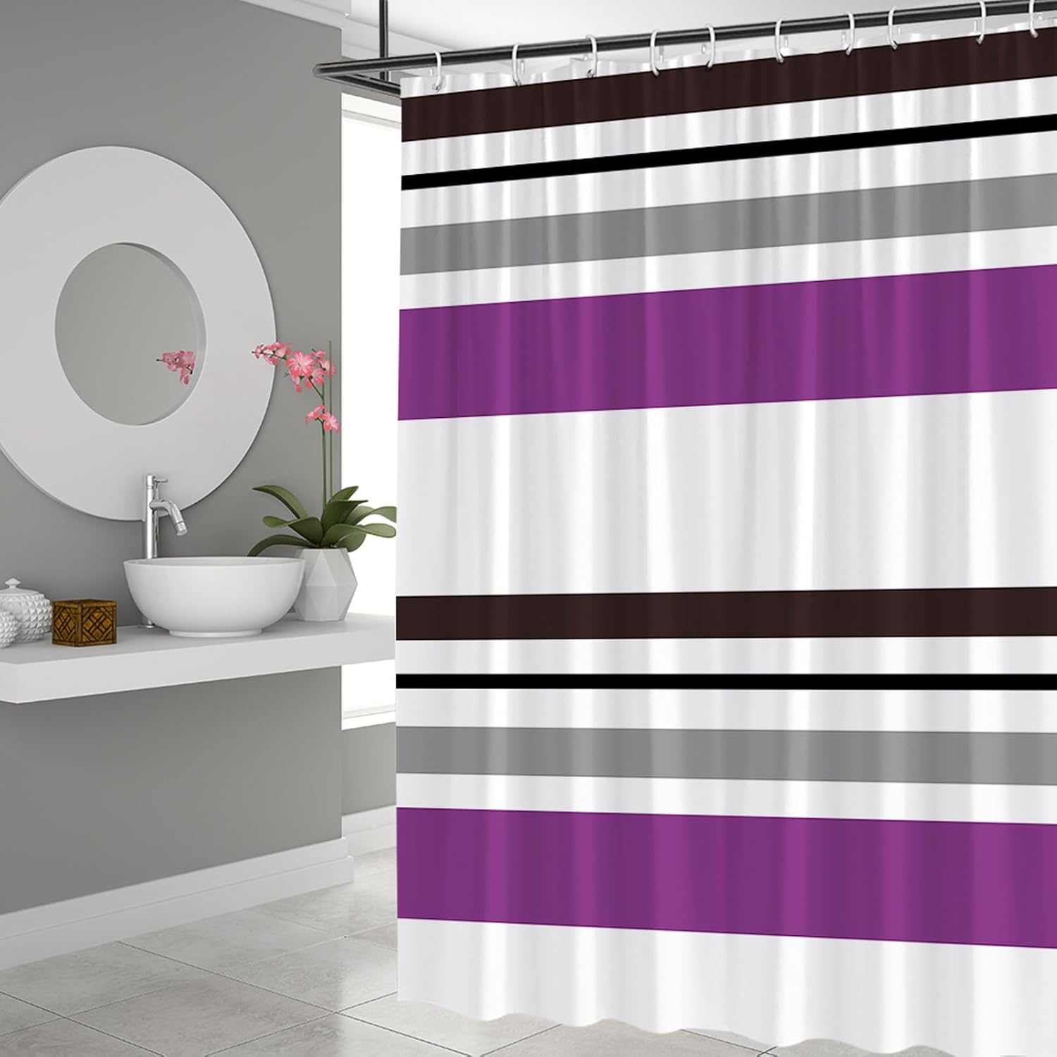 Black White Gray Purple Shower Curtain Abstract Geometric Stripe Modern Contemporary Simple Fashion Boho Mid Century Bathroom Set Bathtub Accessories Polyester Fabric with Hooks 84Wx70H Inch