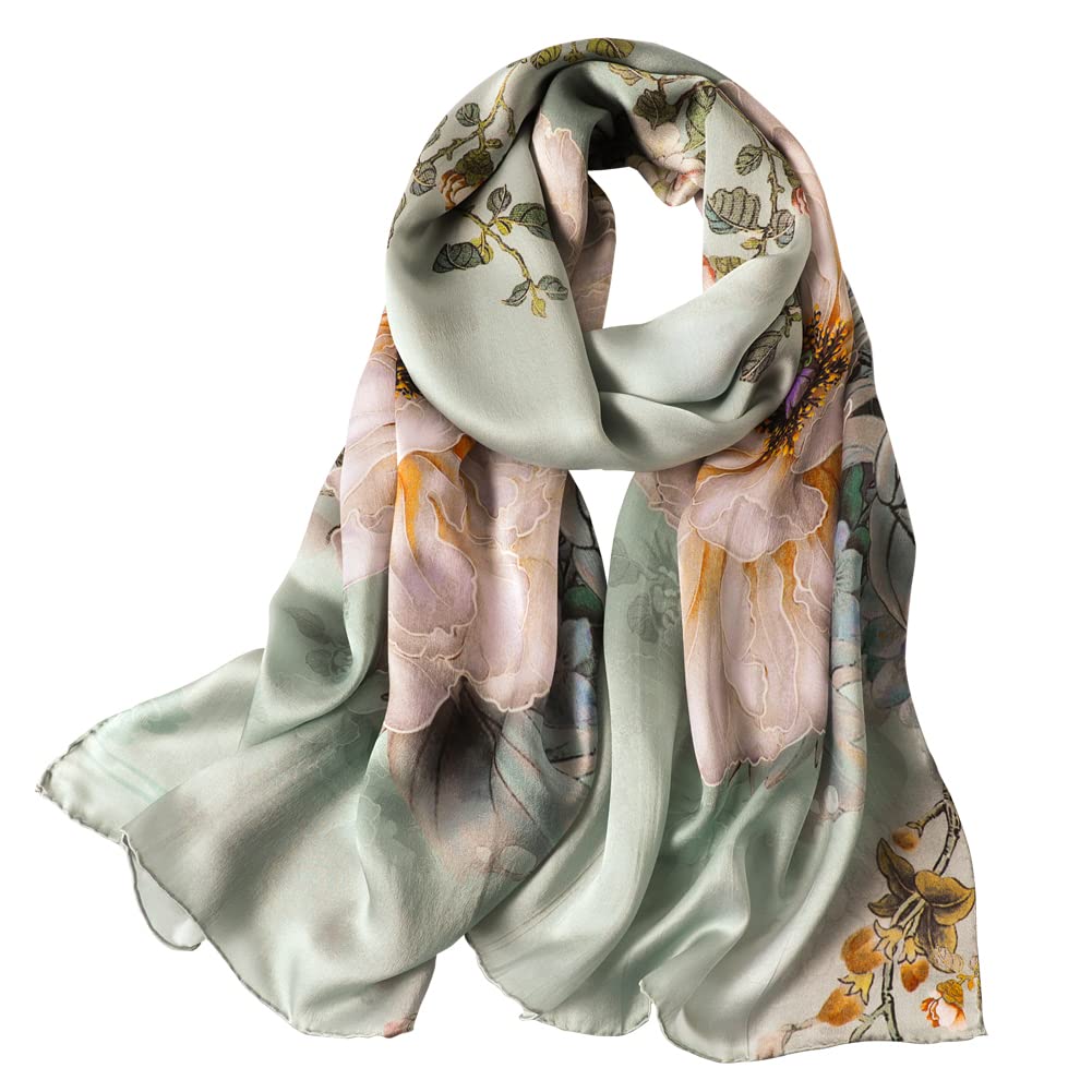 STORY OF SHANGHAI Sciarpa di 100% Seta da Donna Foulard Chiffon con Fantasie Orientale Semi-Trasparente