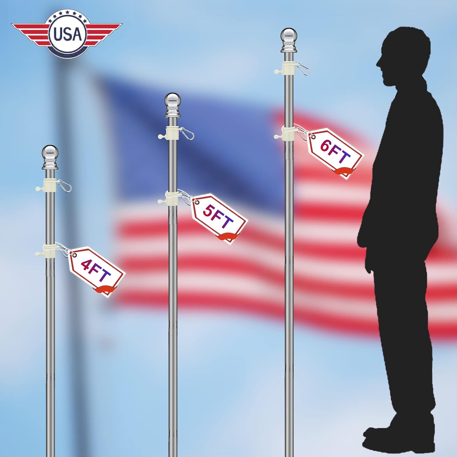 American Flag with Pole for House, Tangle Free Flag Pole Kit with 5FT Silver Flag Pole, Embroidered American Flags 3×5 and Brackets for Outdoor Porch Yard