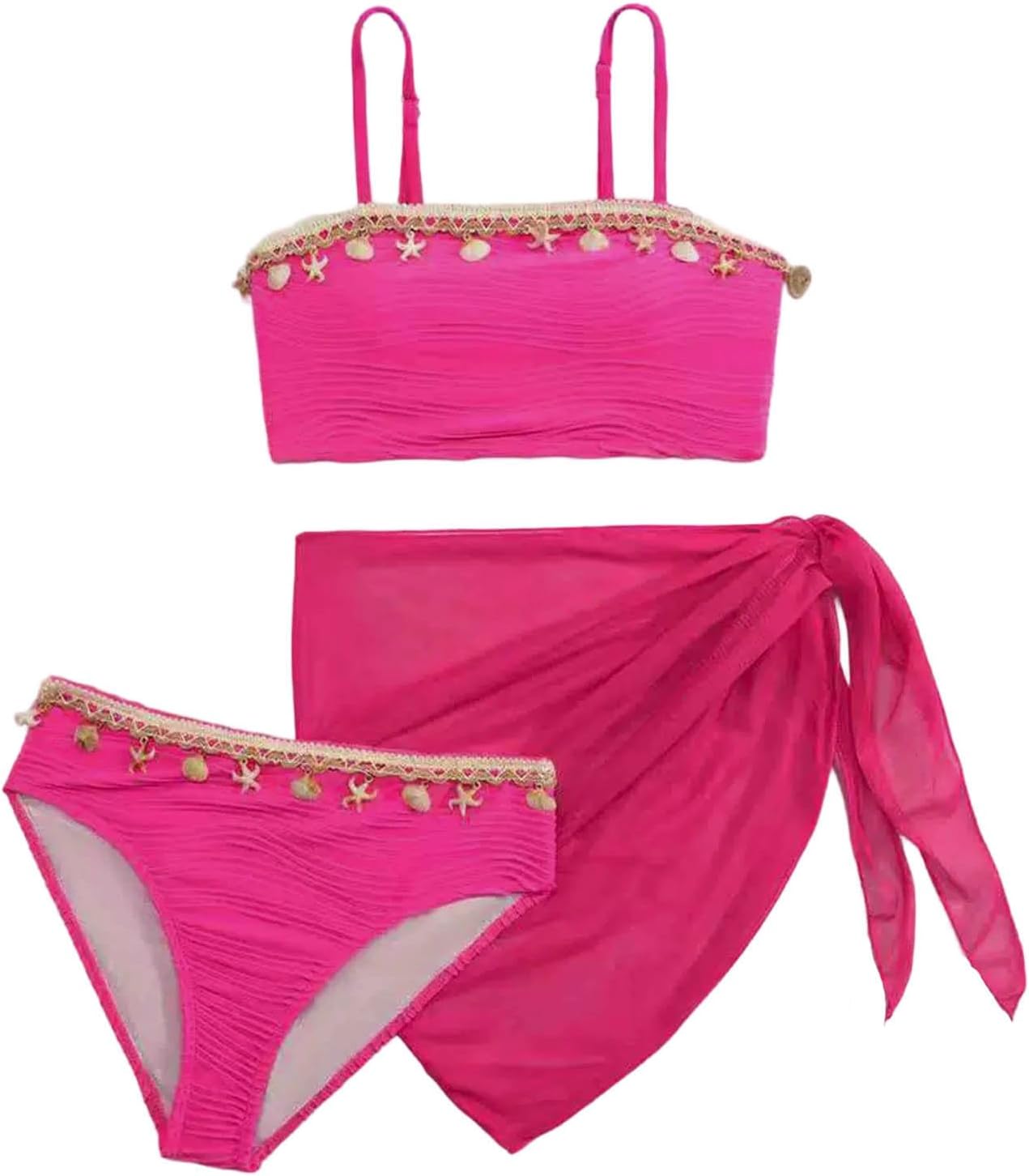 Girls Seashell Bikini Sets Spaghetti Straps Wave Textured 3 Piece with Cover Up Swimsuits Beach Vacation Cute Bathing Suits