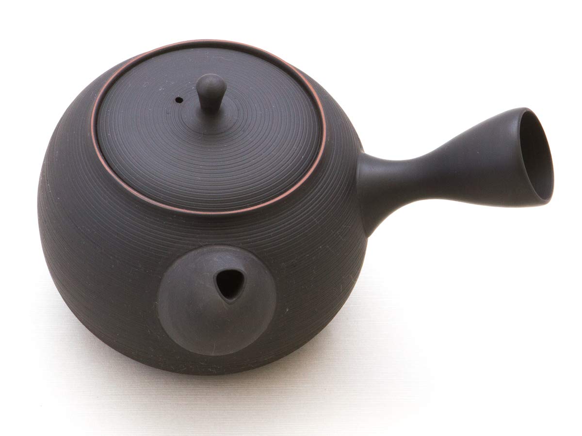 Japanische Teekanne Sendan Sen Kaku, Keramik Kyusu Tokoname Japan. Schwarz. Integriertes Tee-Sieb, Nicht glasiert