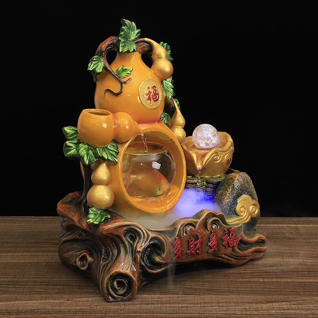 Tabletop Waterfall Fountain Large Gourd Glass Fish Tank Desktop Fountain Humidifier Resin Crafts Flowing Water Rockery Fountain Water Fountains Indoor (A)