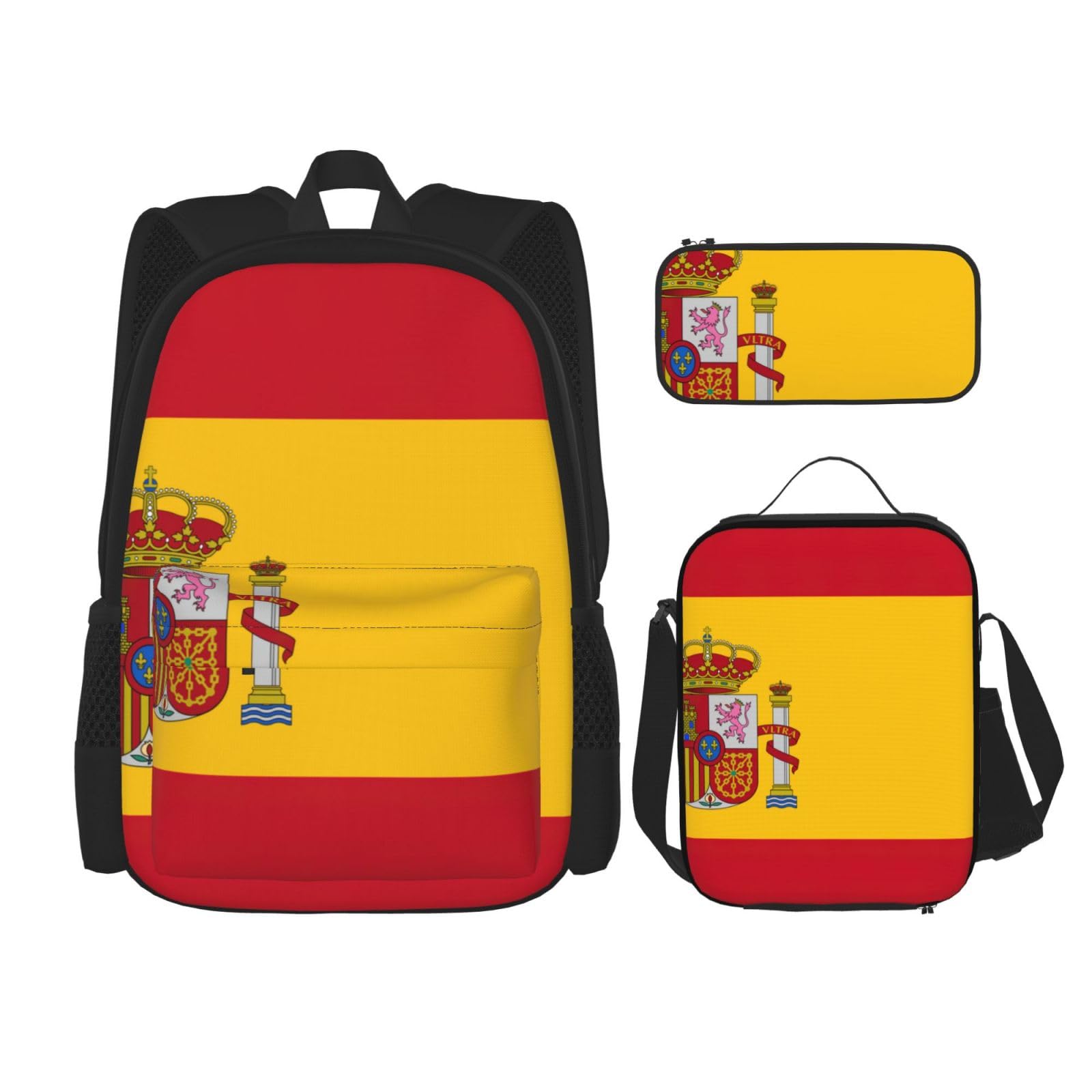 WURTON Spanish Flag Print 3 In 1 Sets Casual Adjustable Shoulder Backpack Lunch Bag Pencil Case Pouch Box, Black, One Size