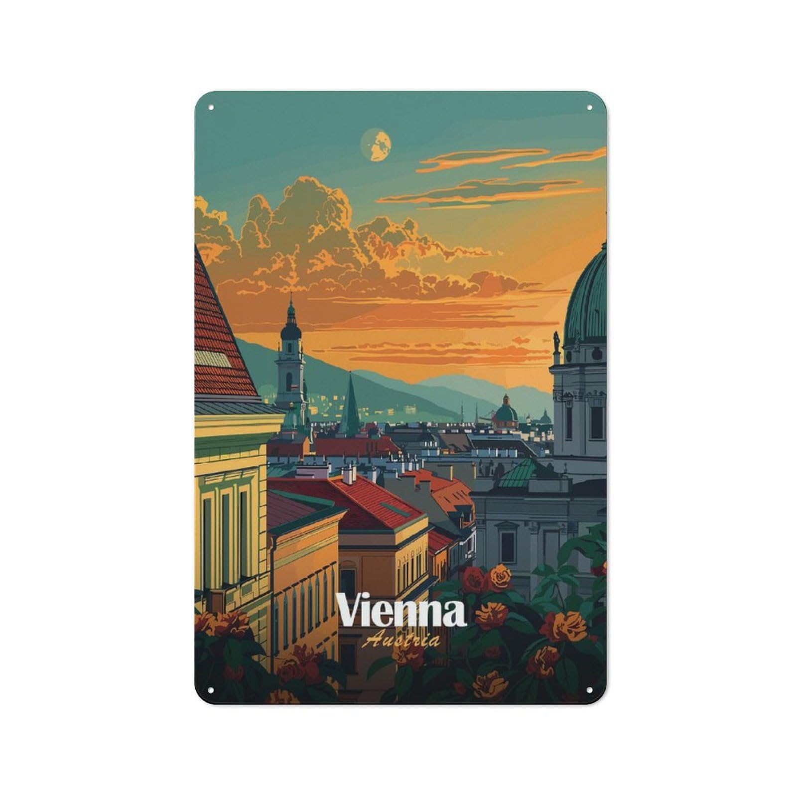 Junmoney Style-3 Tin Wall Plaque 30X20cm With Vienna Cityscape Sunset For Home Office Or Studio, For Garage, Workshop And Man Cave Decoration