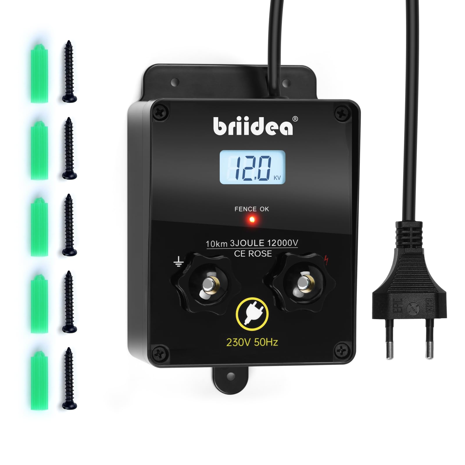 Briidea 12.000 V 3 Joule, caricatore elettrico per recinzione, portata 10 km, protezione sicura ed efficace degli animali da fattoria, giardino e pascolo